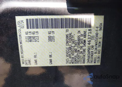 2014 Nissan Maxima 3.5 Sv из США, поврежденный, VIN 1N4AA5AP6EC463718